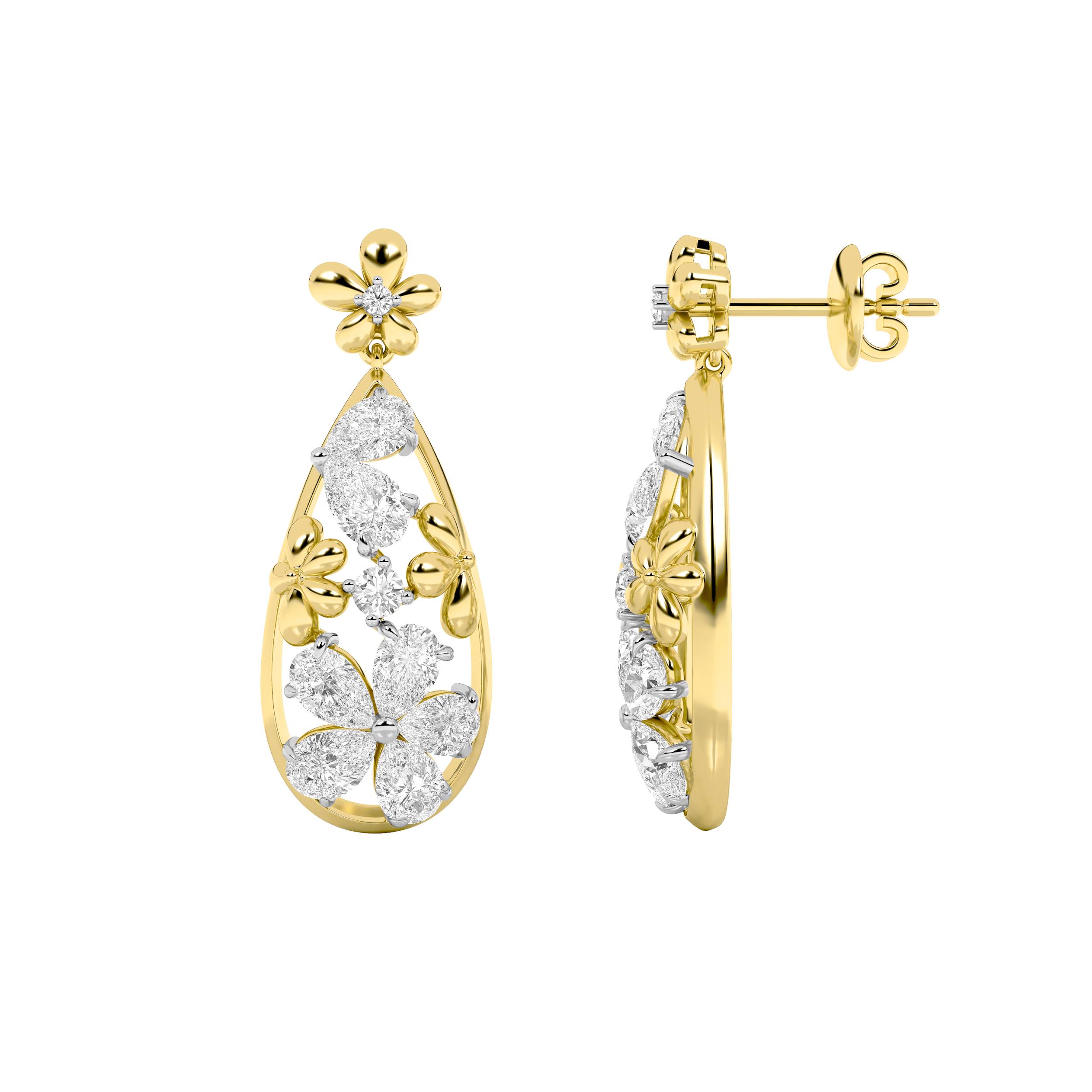 3.75Cttw Pear Shaped Lab Grown Diamond (F/VS) Fancy Flower Earrings in 14K Gold