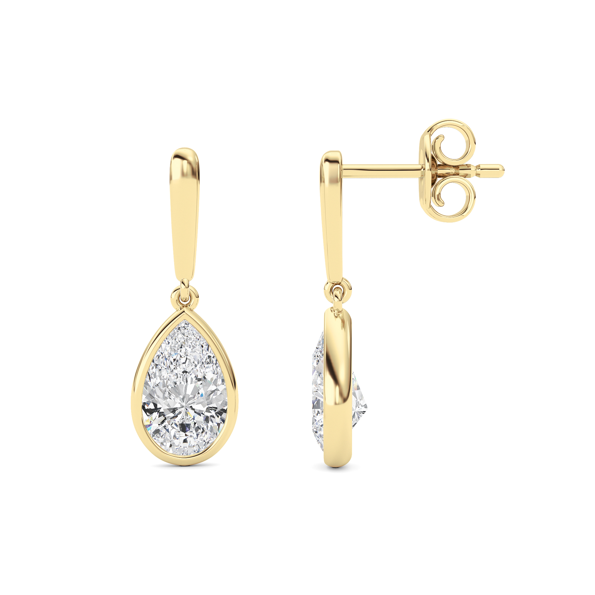 Esencia Plena, 2 ct pear lab grown diamond earrings in 14K gold (front view)